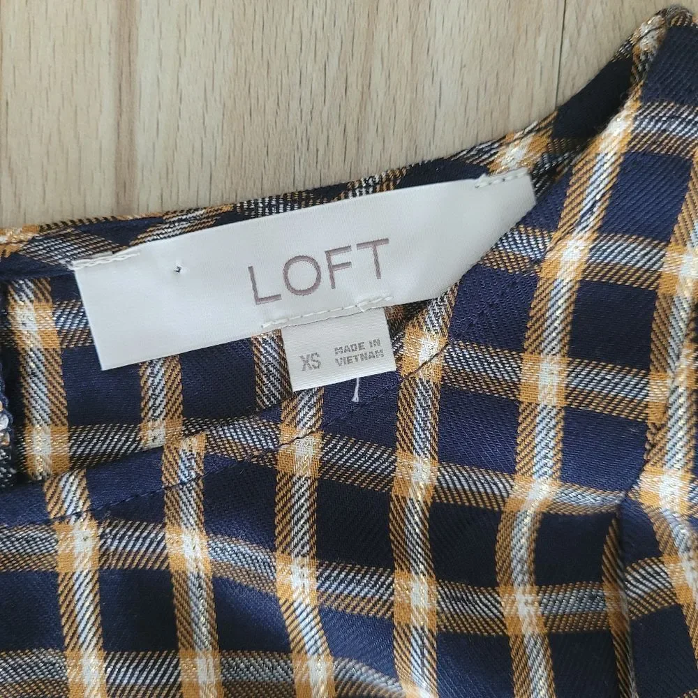 LOFT Blue Gold Plaid Puff Sleeve Blouse XS Business Casual Coquette Top